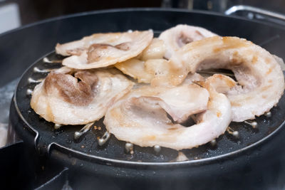 High angle view of meat in cooking pan