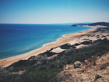 Scenic view of beach against clear sky