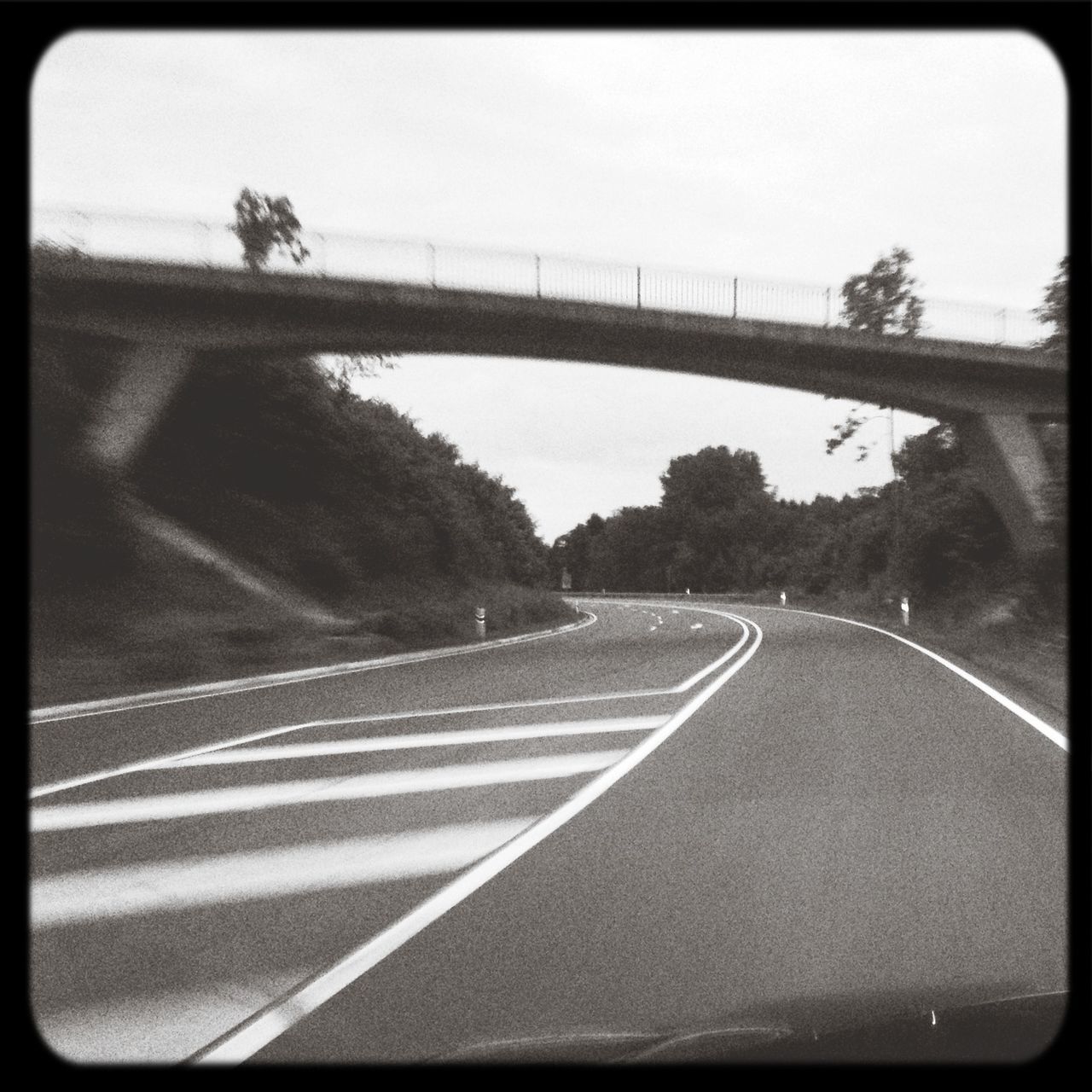 transportation, road, road marking, the way forward, tree, diminishing perspective, transfer print, connection, vanishing point, sky, auto post production filter, car, highway, street, country road, land vehicle, mode of transport, asphalt, bridge - man made structure, long