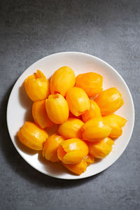 High angle view of fruits in plate