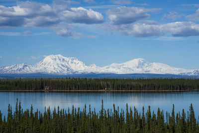 Scenic view of lake and mountains against sky