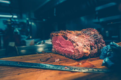 Close-up of steak on table