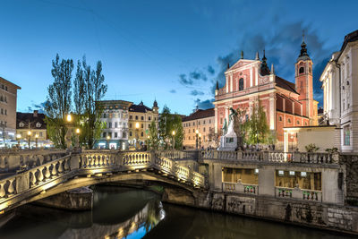 Bridge over canal amidst buildings in city against sky