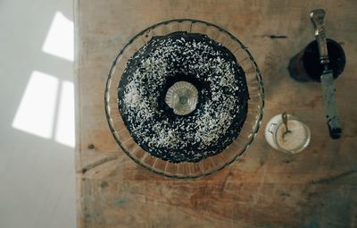 High angle view of chocolate cake on table