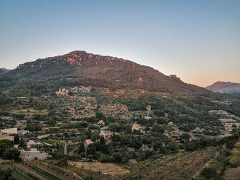 High angle view of mountain against clear sky