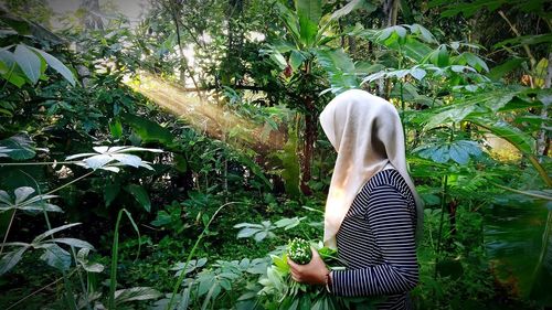 Rear view of woman standing amidst plants