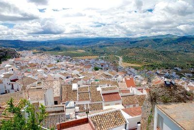 High angle view of town against sky