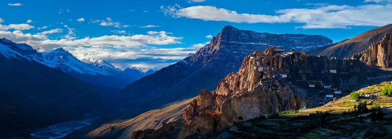 Panoramic view of snowcapped mountains against sky