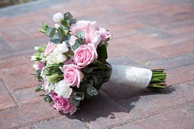 High angle view of rose bouquet on table