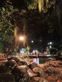 Illuminated street light by river at night