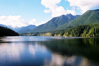 Scenic view of lake and mountains against sky