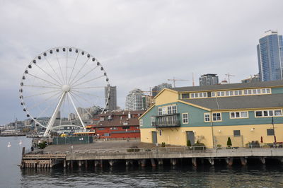 Ferries wheel against built structures