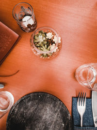 High angle view of breakfast served on table