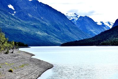 Scenic view of lake and snowcapped mountains against sky