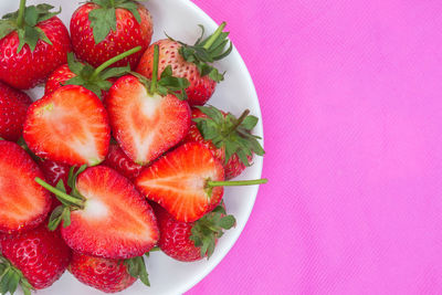 High angle view of strawberries on table