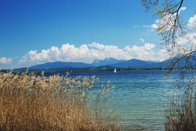 Scenic view of calm lake against mountain range