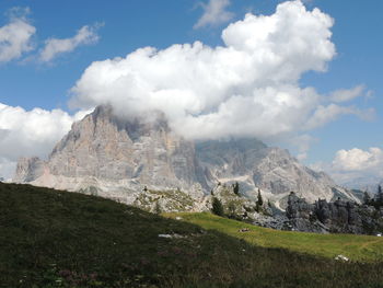 Scenic view of mountains against cloudy sky