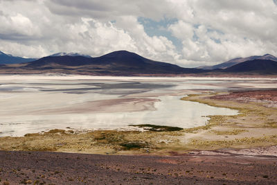 Scenic view of lake against cloudy sky