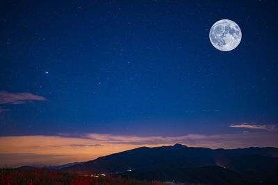 Scenic view of mountains against sky at night