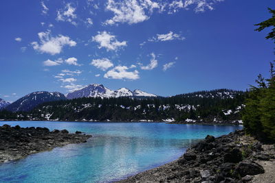 Scenic view of lake by trees against blue sky