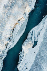 Aerial view of a river in iceland with turquoise water, melting ice