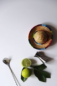 High angle view of fruits in plate on table