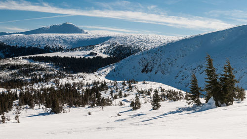 Scenic view of snow covered mountains against sky