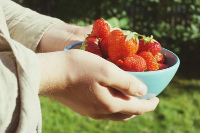 Close-up of human hands holding strawberries in bowl outdoors