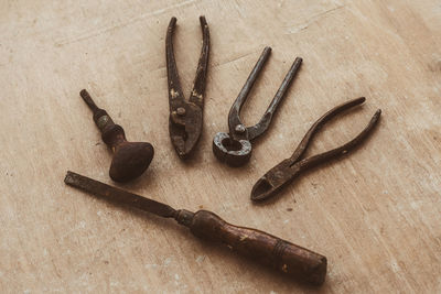 High angle view of objects on table