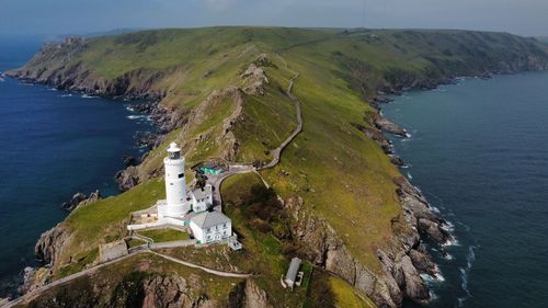 High angle view of a lighthouse. sea against sky.