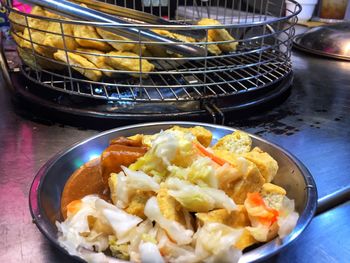 High angle view of food in plate on table