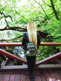 Rear view of woman standing on footbridge