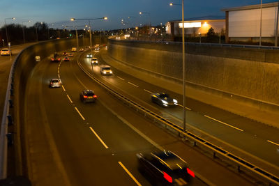 High angle view of cars on road at night