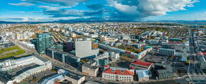 Beautiful aerial view of reykjavik, iceland. sunny day
