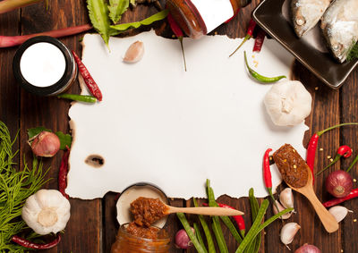 High angle view of fruits and vegetables on table