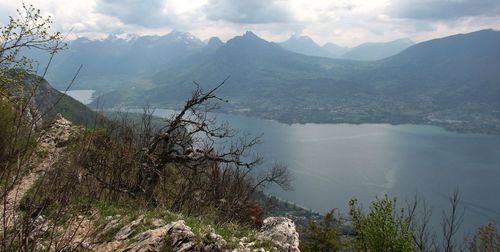 Scenic view of lake and mountains against sky