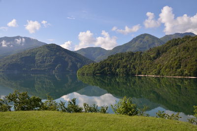 Reflection of lush mountains in calm lake