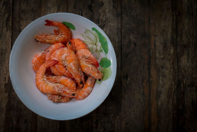 High angle view of seafood in plate on table