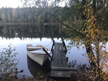 Boat moored in lake against trees in forest