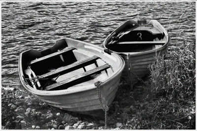 High angle view of boat moored on beach