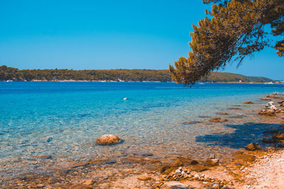 Scenic view of sea against clear blue sky