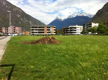 House on field by mountain against sky