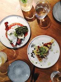 High angle view of food served on table