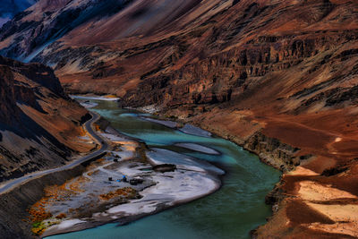 High angle view of lake and mountains