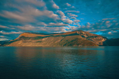 Scenic view of lake by mountains against sky