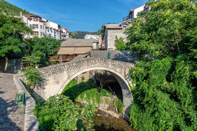 Arch bridge amidst trees and buildings against sky