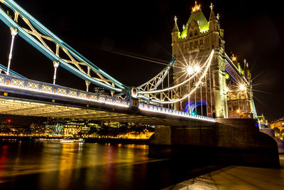 Illuminated bridge over river at night