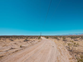 Road amidst desert against clear blue sky