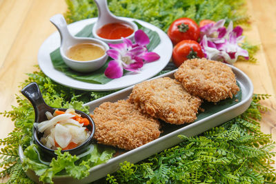 High angle view of food served on table