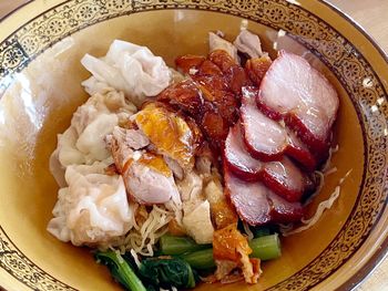 High angle view of food served on table